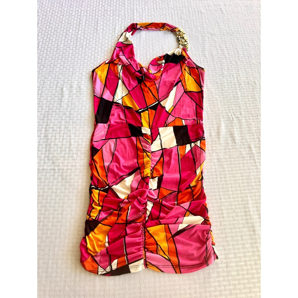 Juju & B Pink Geometric Halter Mini Dress Gold Chain Ruched Bodycon Size L - Picture 2 of 11